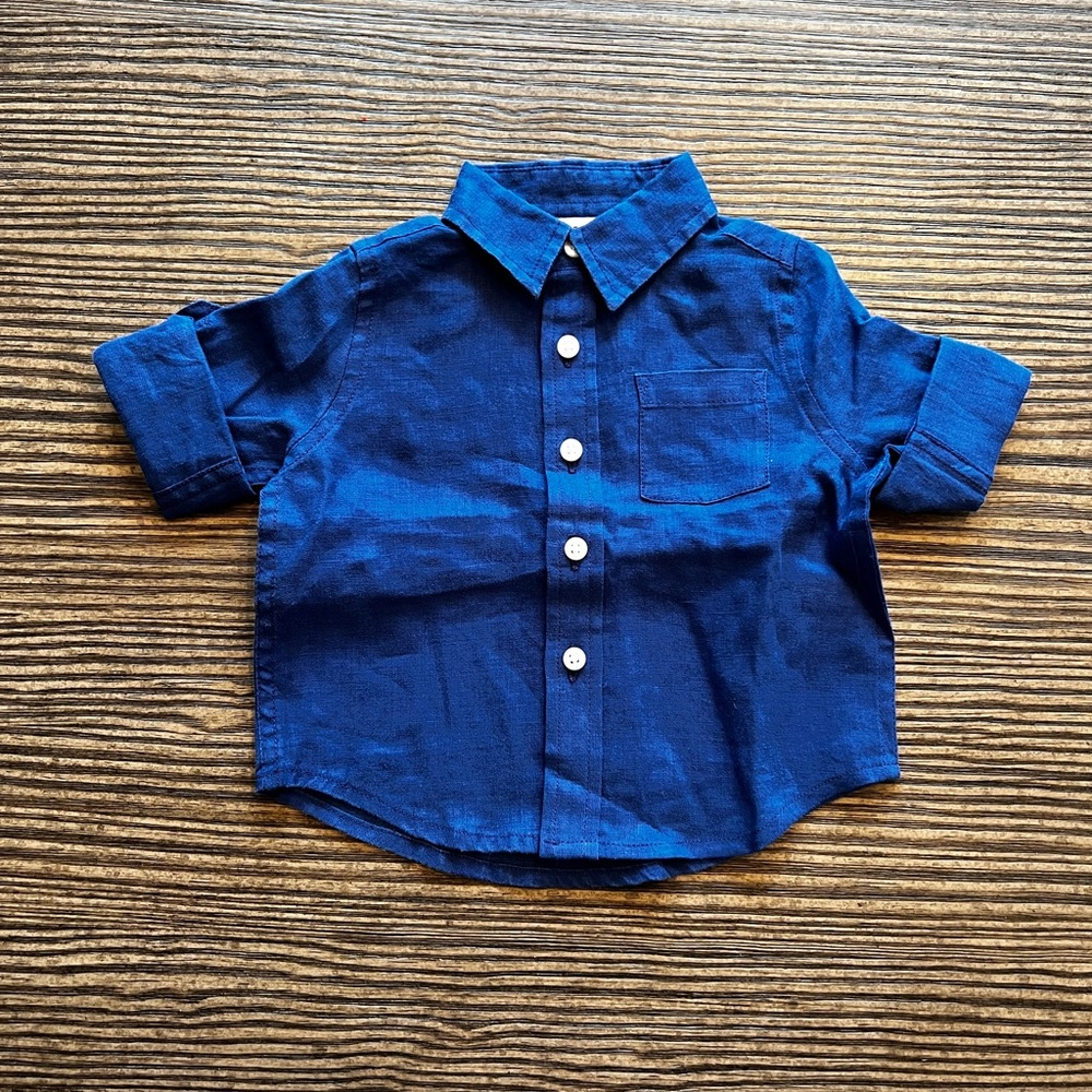 Janie and Jack NWOT Infant Boys Blue Linen Button Down 3-6 months